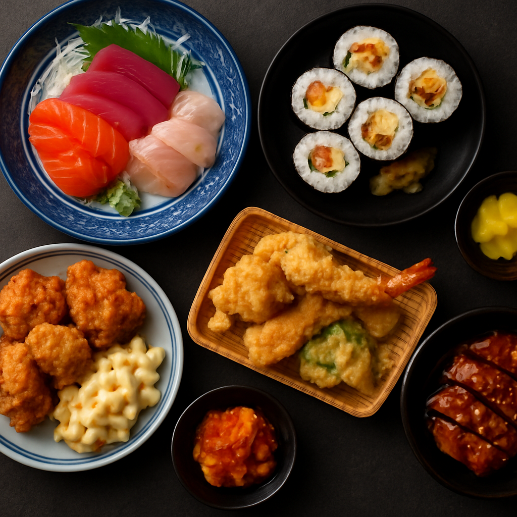 An overhead spread of Kabuki dishes: sushi rolls, mochiko fried chicken, macaroni salad, shrimp tempura, and teriyaki